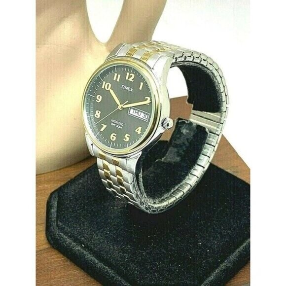 Timex Men's Watch T26481 Quartz 35mm Gray Dial Indiglo Two Tone Stretched Band - Picture 2 of 13